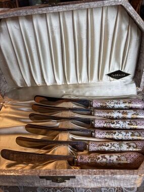 VTG Pink Floral porce., Handle Knife Set of 6, orig box, rustless, new $49